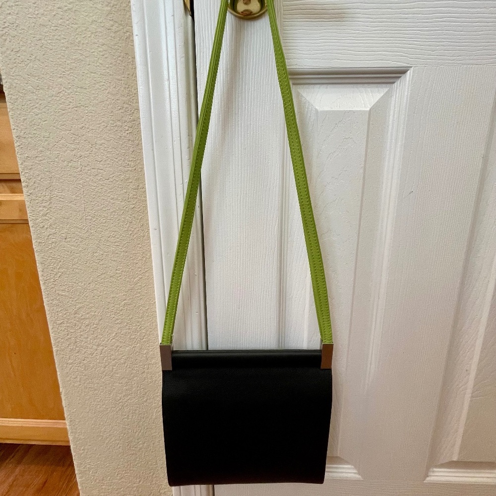 Olbrish Germany Leather Crossover Purse Black with Apple Green Straps